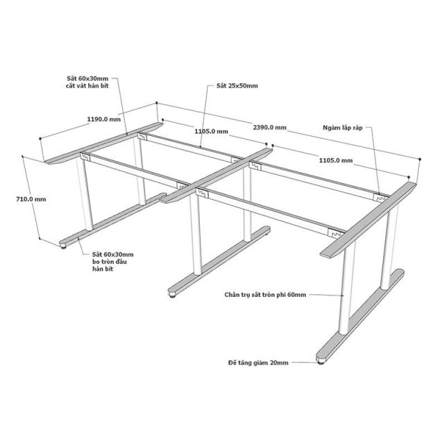 Chân sắt bàn cụm 4 chỗ ngồi hệ TIO - HCTO008