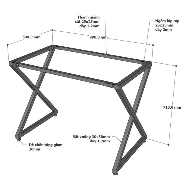 Chân bàn sắt lắp ráp chữ X 100x60cm hệ Minimal HCMN009
