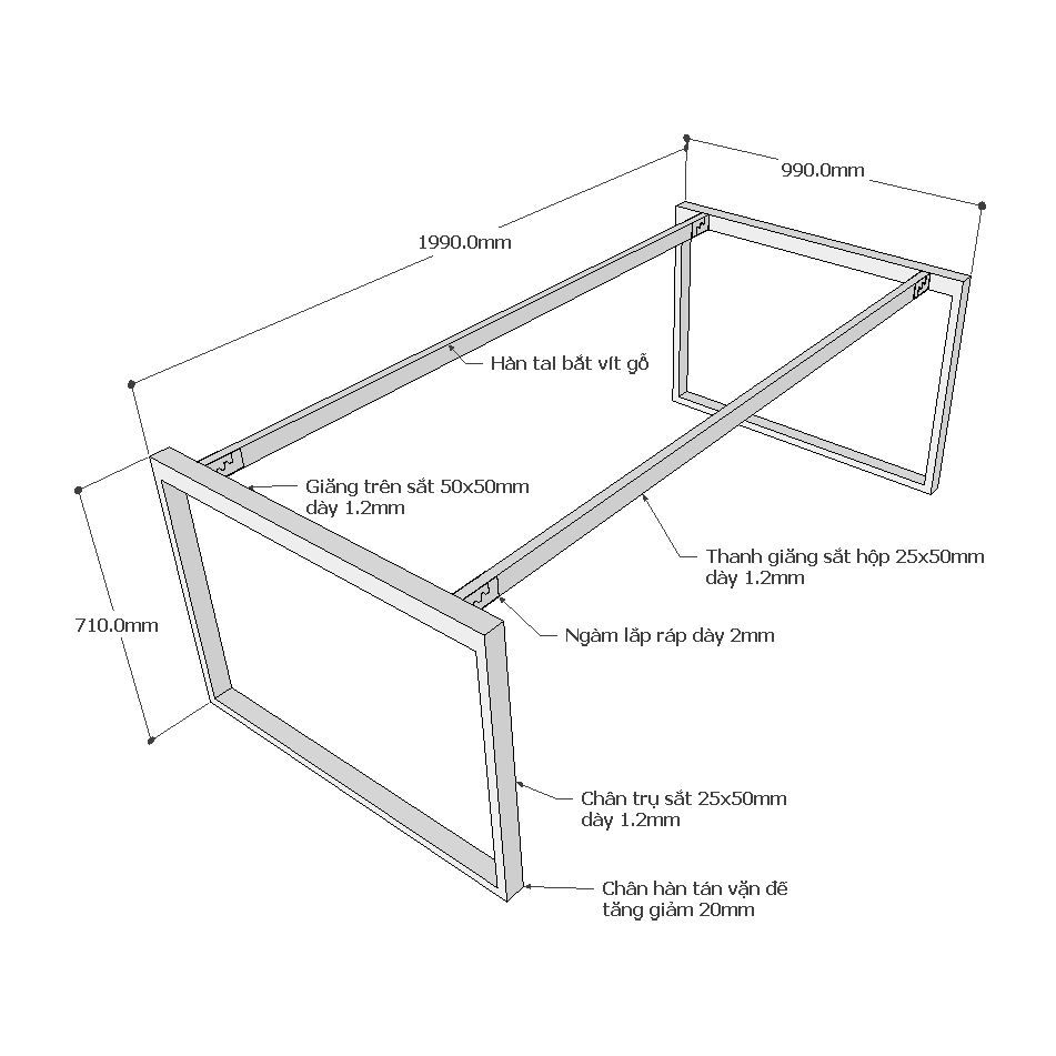 Chi tiết kích thước chân sắt hệ rectang 200x100cm