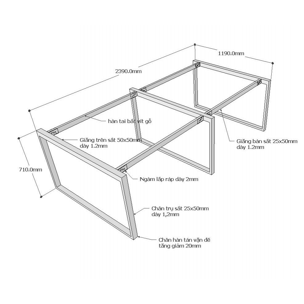 Chi tiết chân sắt bàn cụm 4 hệ rectang 120x240cm