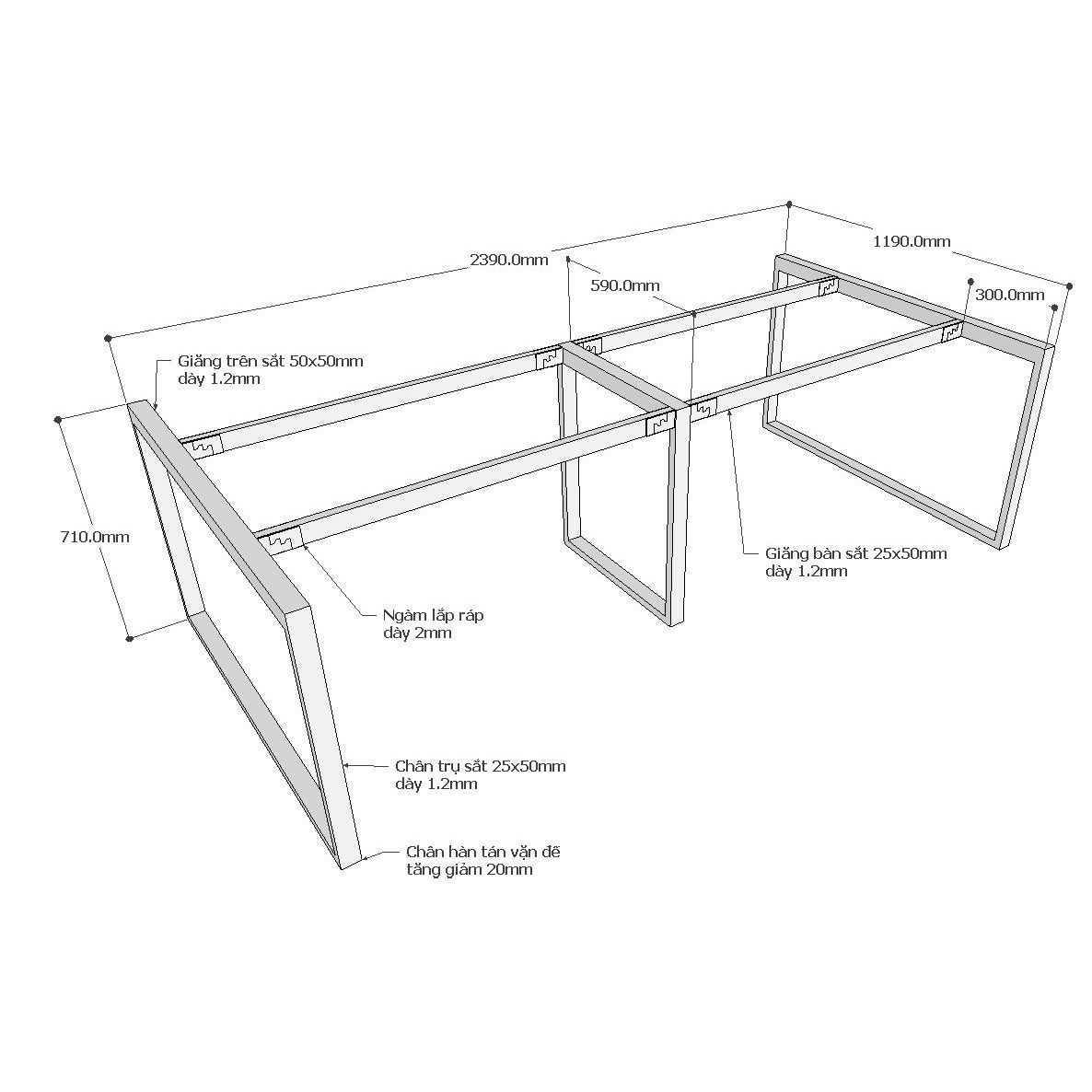 Chi tiết kích thước chân bàn họp hệ rectang 120x240cm