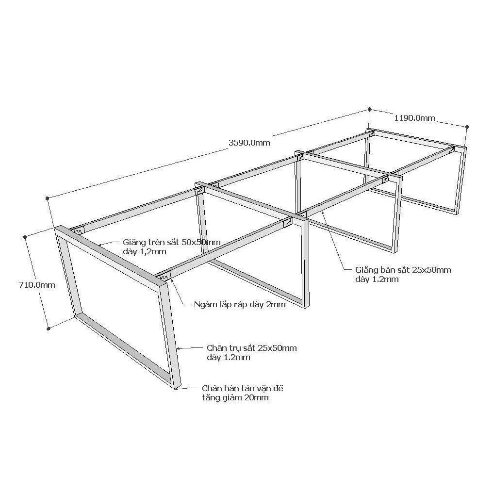 Chi tiết kích thước chân sắt bàn cụm 6 hệ Rectang
