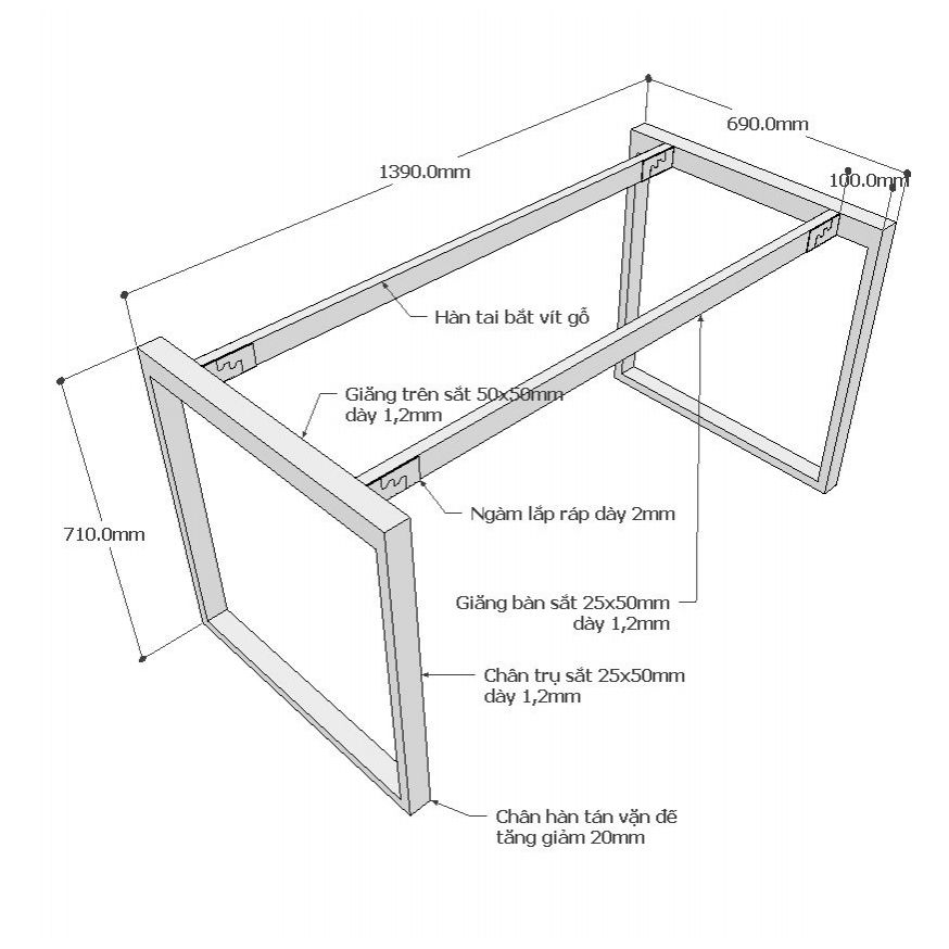 Chi tiết kích thước chân bàn rectang 140x70cm