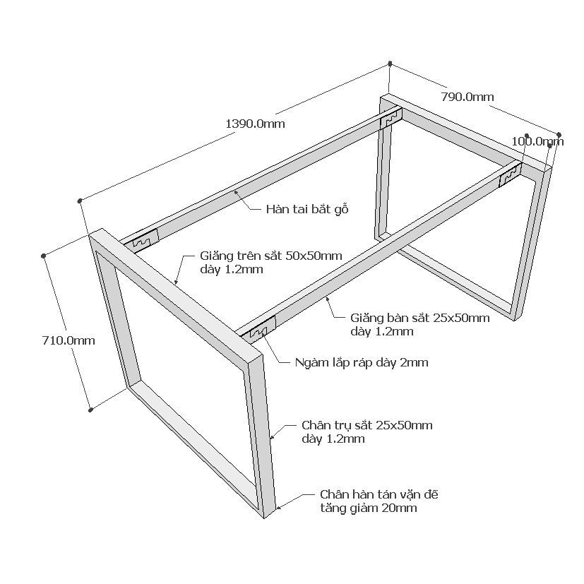 Chi tiết kích thước chân sắt hệ rectang 140x80cm