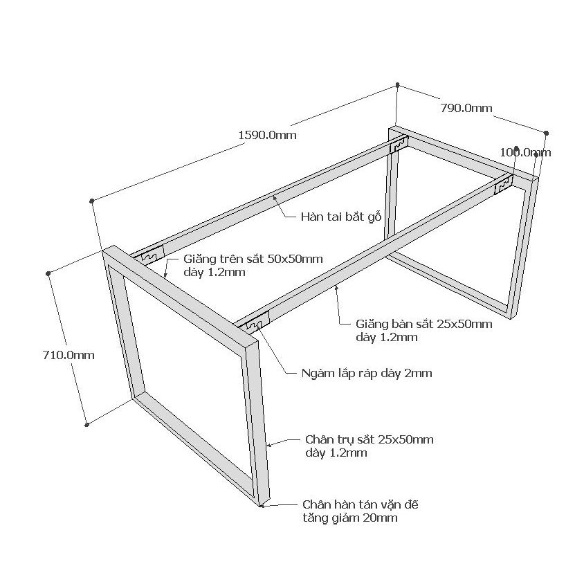 Chi tiết kích thước chân sắt rectang 160x80cm