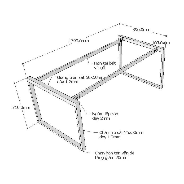 Chi tiết chân sắt hệ rectang 180x90cm