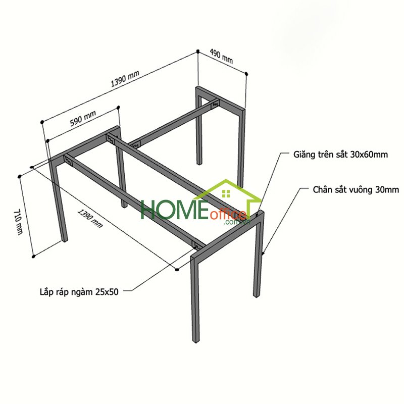 Kích thước chân sắt cho bàn chữ L