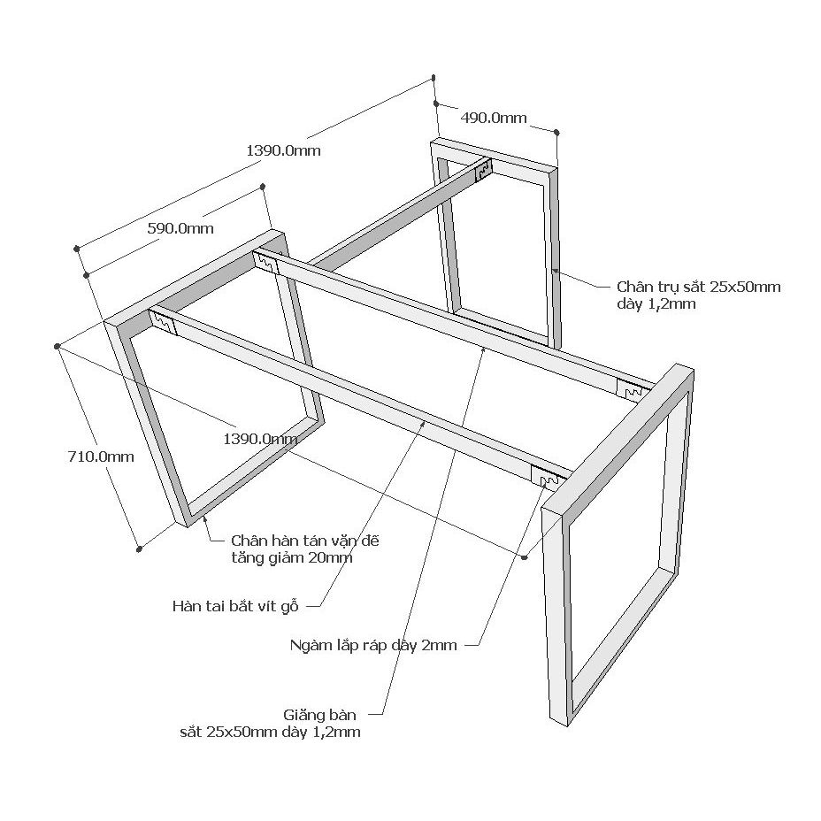 Chi tiết kích thước chân bàn rectang góc L 140x140cm