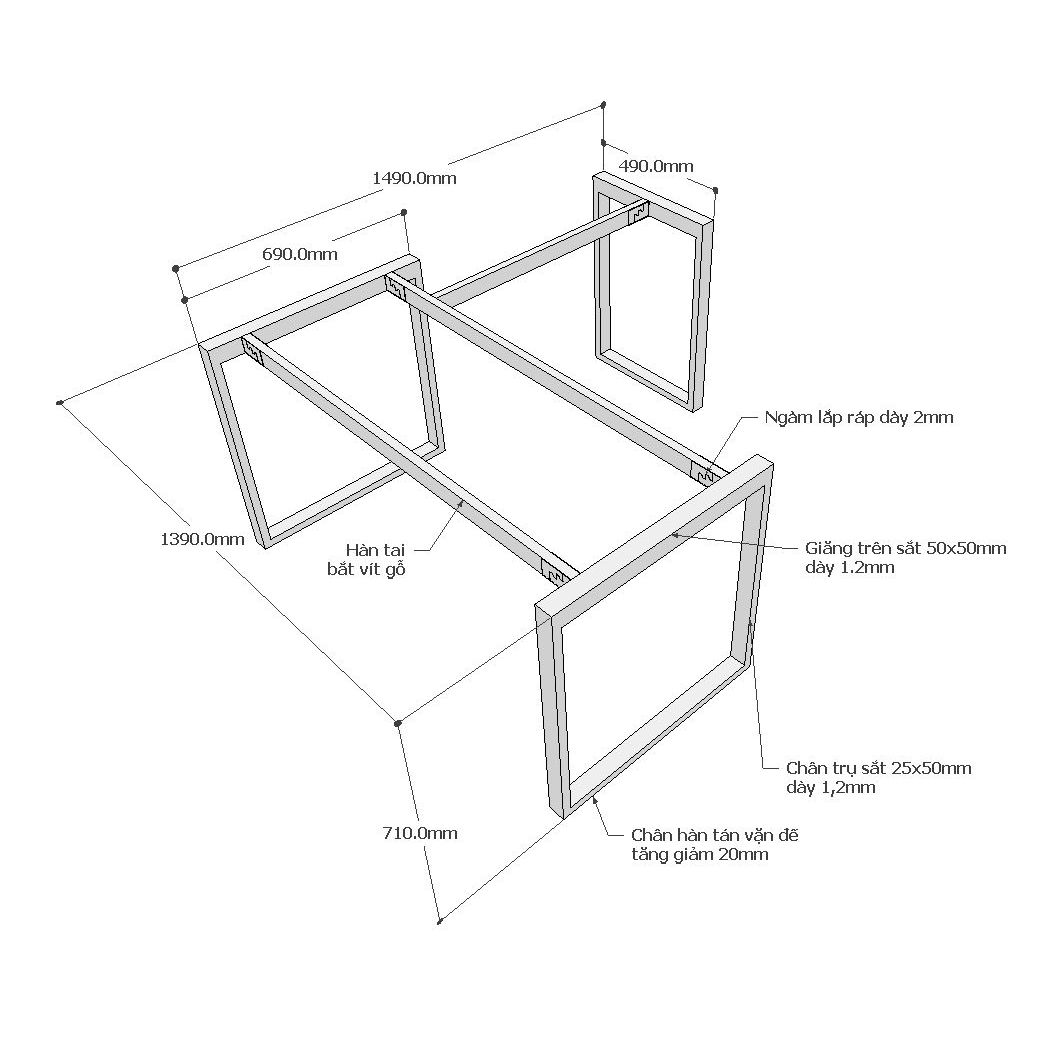 Chi tiết kích thước chân sắt bàn góc L rectang 150x140cm