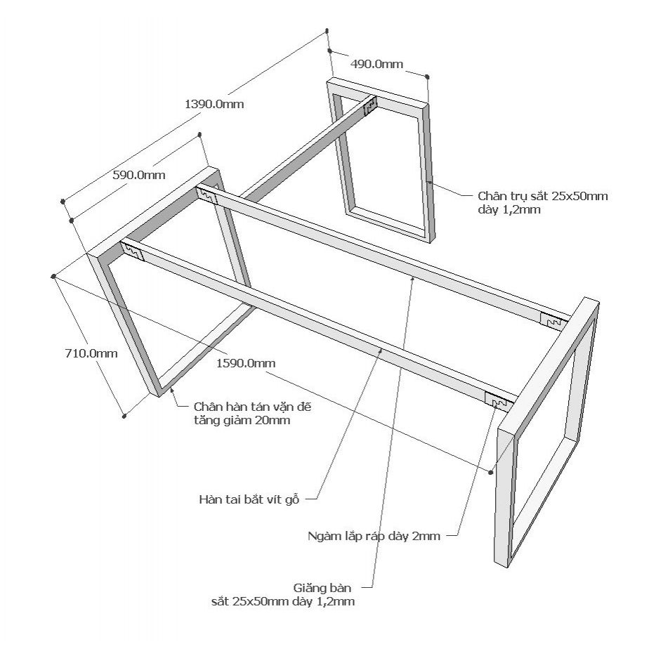 Chi tiết kích thước chân bàn góc L hệ Rectang 160x140cm