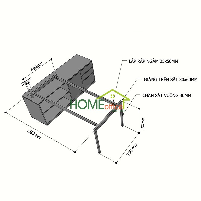 Kích thước Chân sắt lắp ráp cho bàn gác tủ 160x80cm hệ Slean