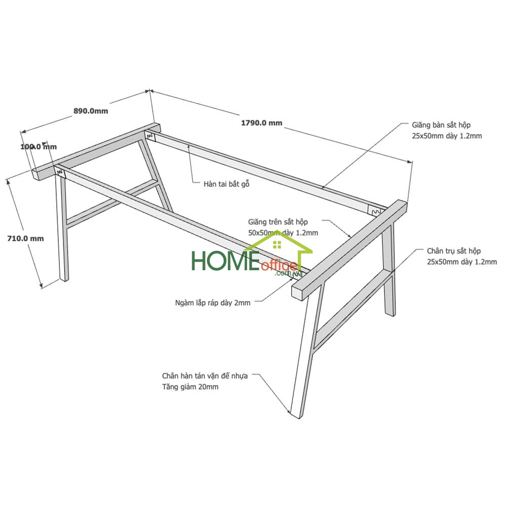 Kích thước chân sắt lắp ráp cho bàn 180x90x75cm