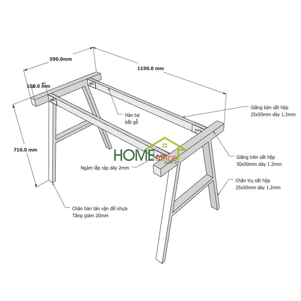 Kích thước chân sắt lắp ráp cho bàn 120x60x75cm