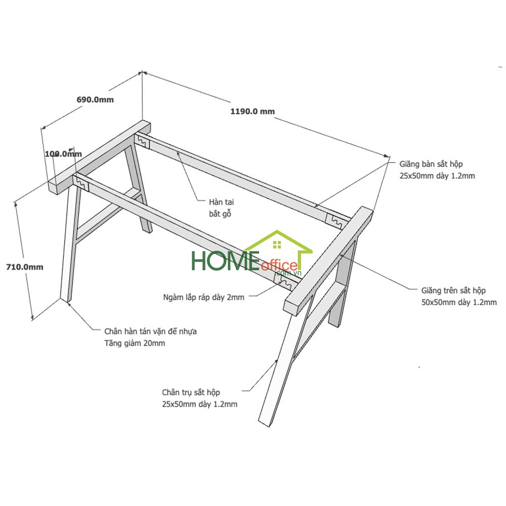 Kích thước chân sắt lắp ráp cho bàn 120x70x75cm