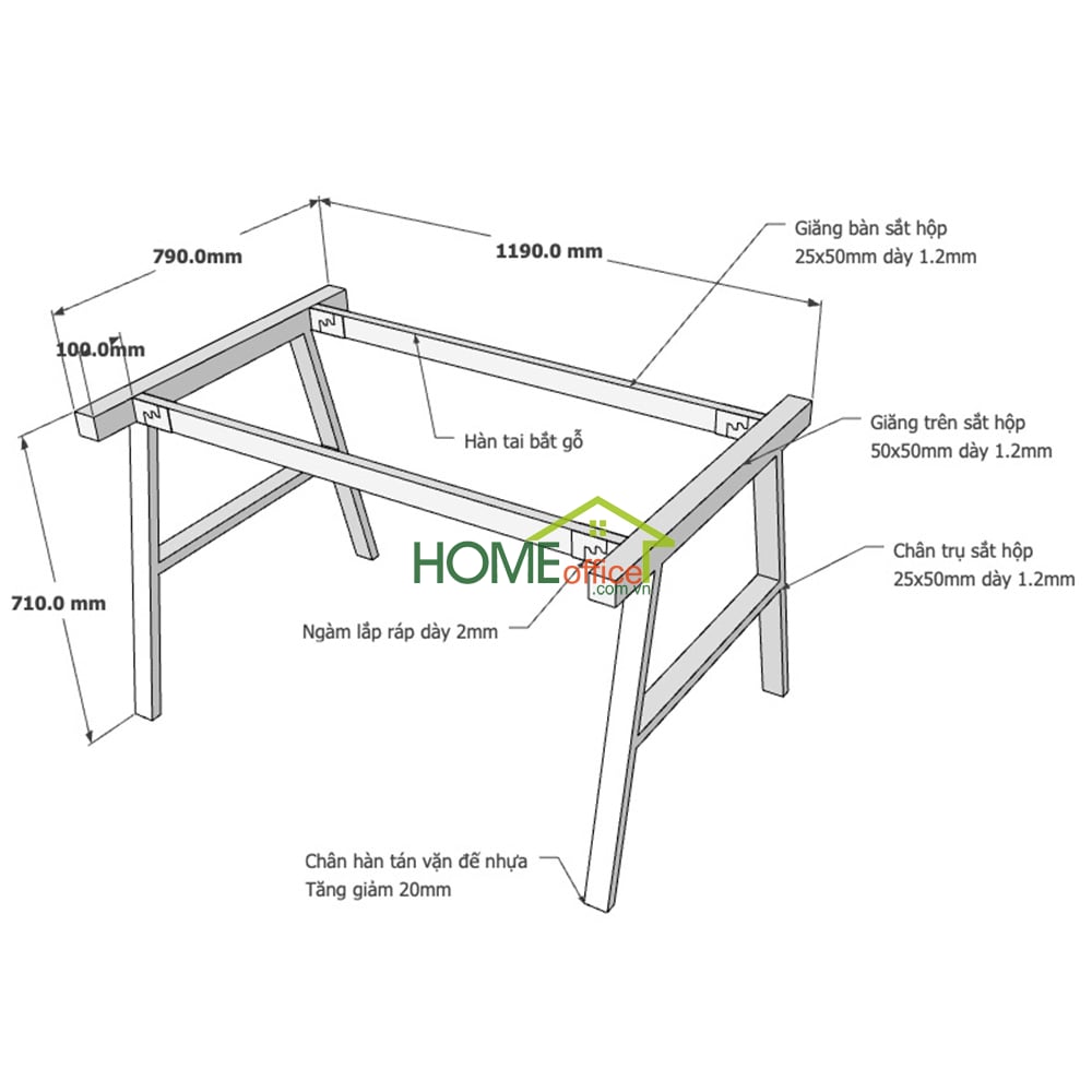 Kích thước chân sắt lắp ráp cho bàn 120x80cm
