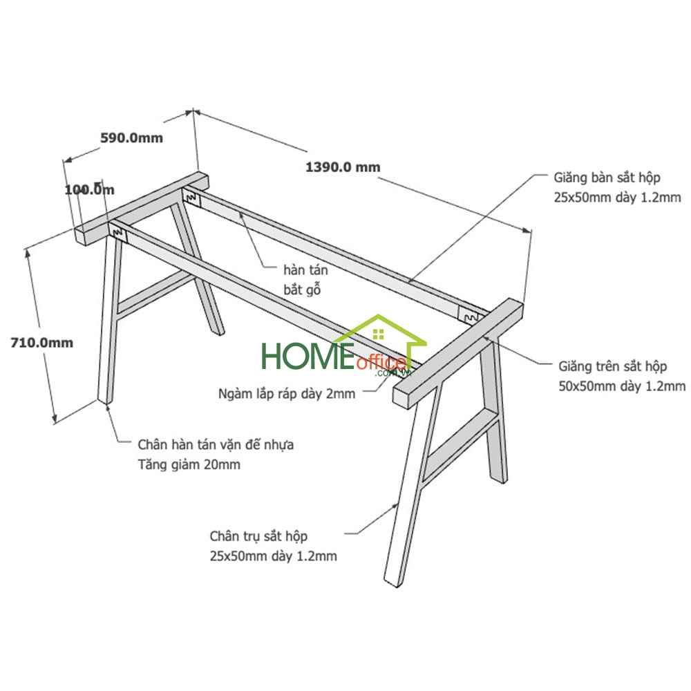 Kích thước chân sắt lắp ráp cho bàn 140x60cm