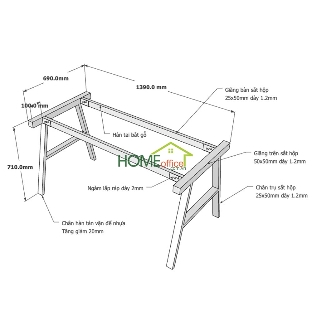 Kích thước chân sắt lắp ráp hệ Aconcept cho bàn 140x70x75cm