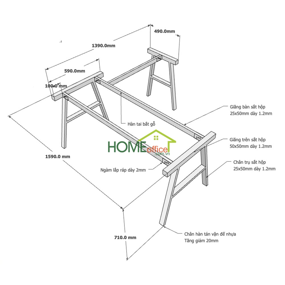 Kích thước chân sắt lắp ráp cho bàn góc L 160x140cm