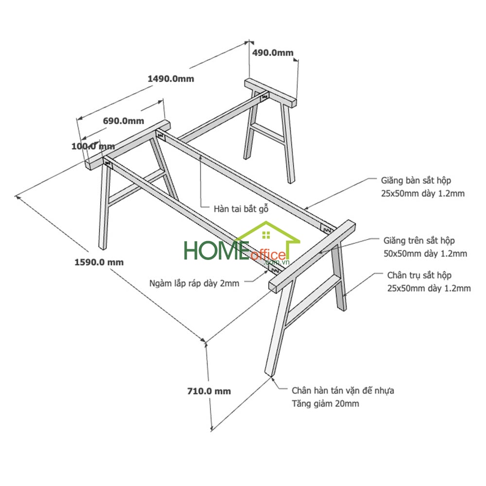 Kích thước chân sắt lắp ráp hệ Aconcept cho bàn 160x150cm