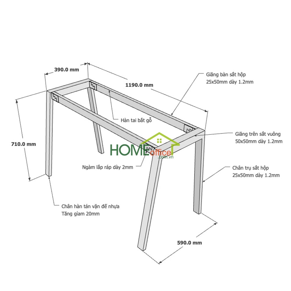 Kích thuớc chân sắt lắp ráp hệ Aton cho bàn 120x60cm
