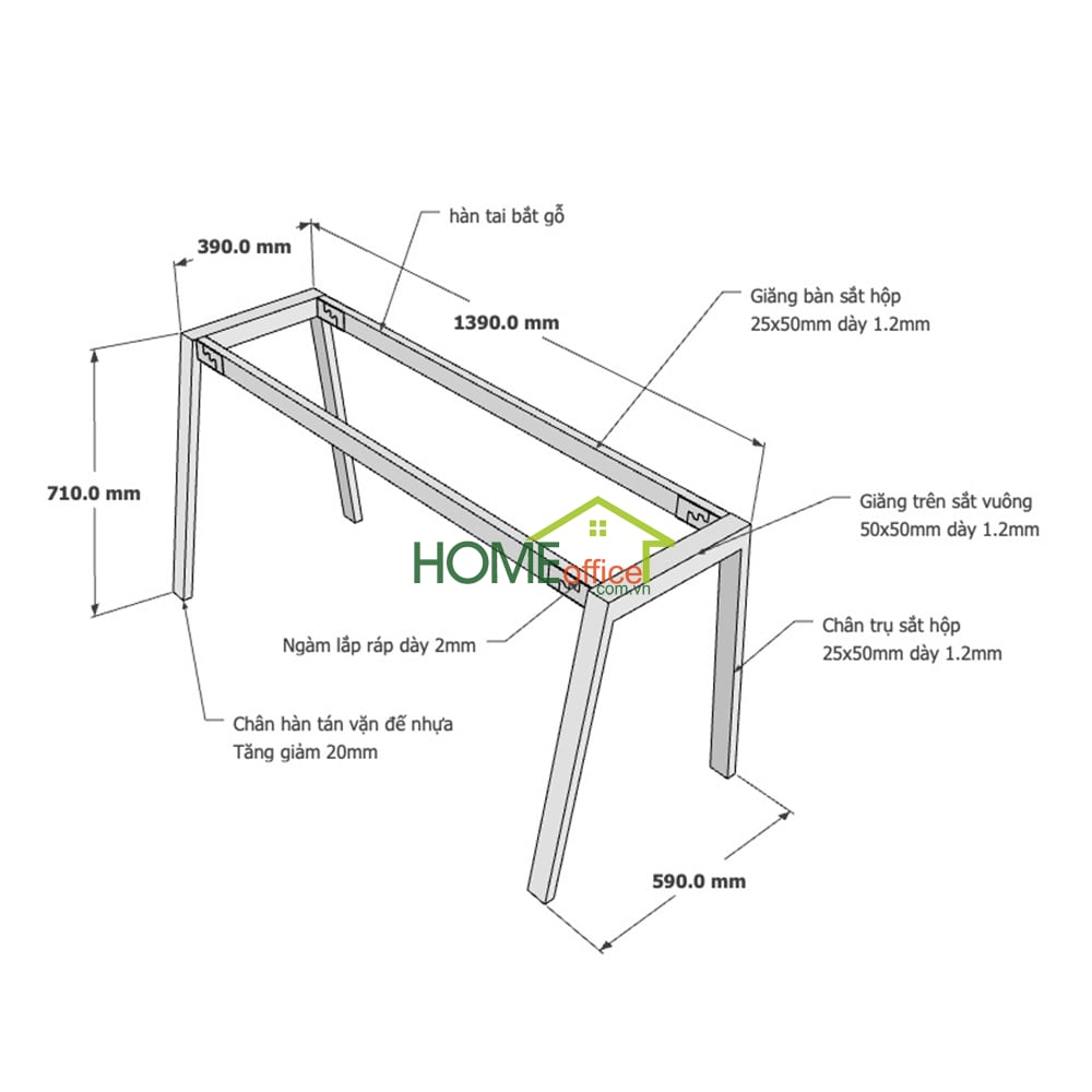 Kích thước chân sắt lắp ráp cho bàn 140x60cm