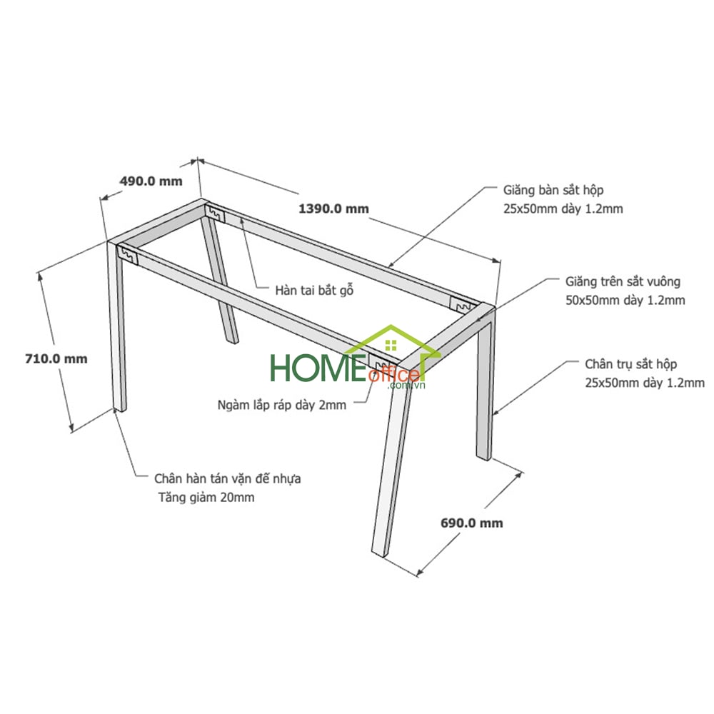 Kích thước chân sắt lắp ráp cho bàn 140x70cm