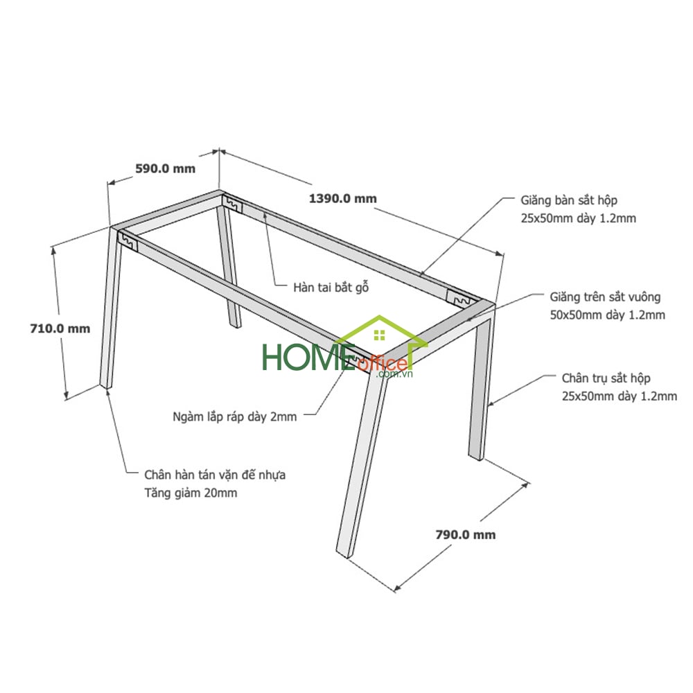 Kích thước chân sắt lắp ráp cho bàn 140x80cm