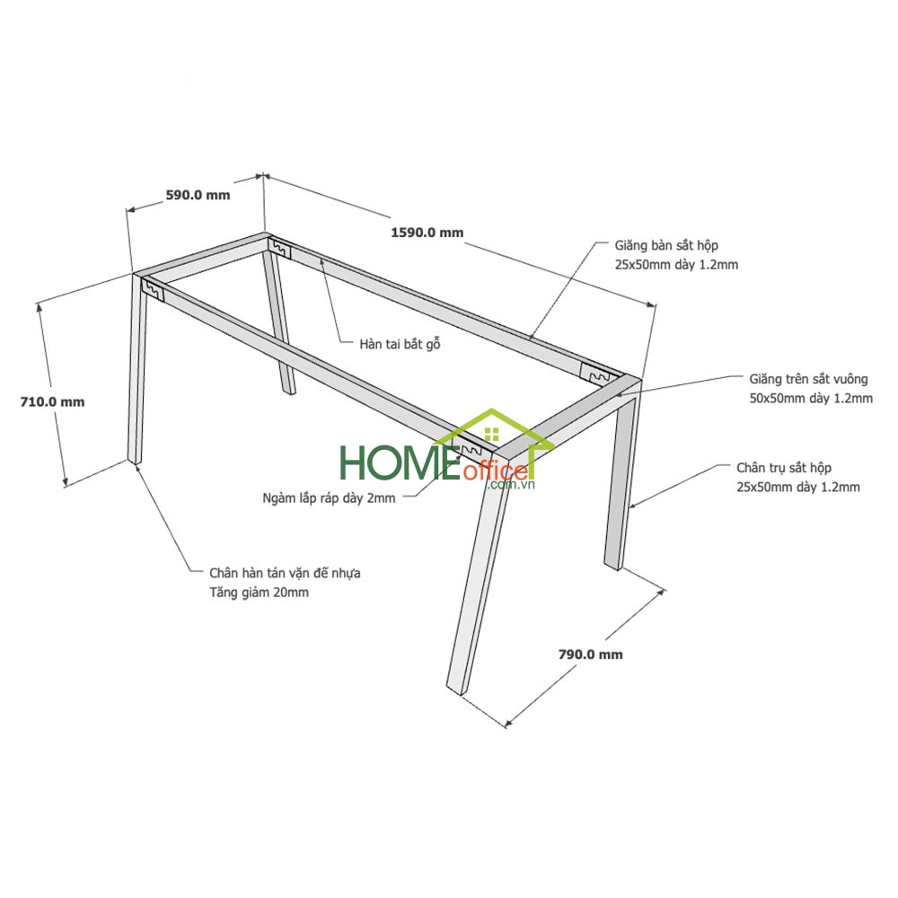 Kích thước chân sắt lắp ráp cho bàn 160x80cm