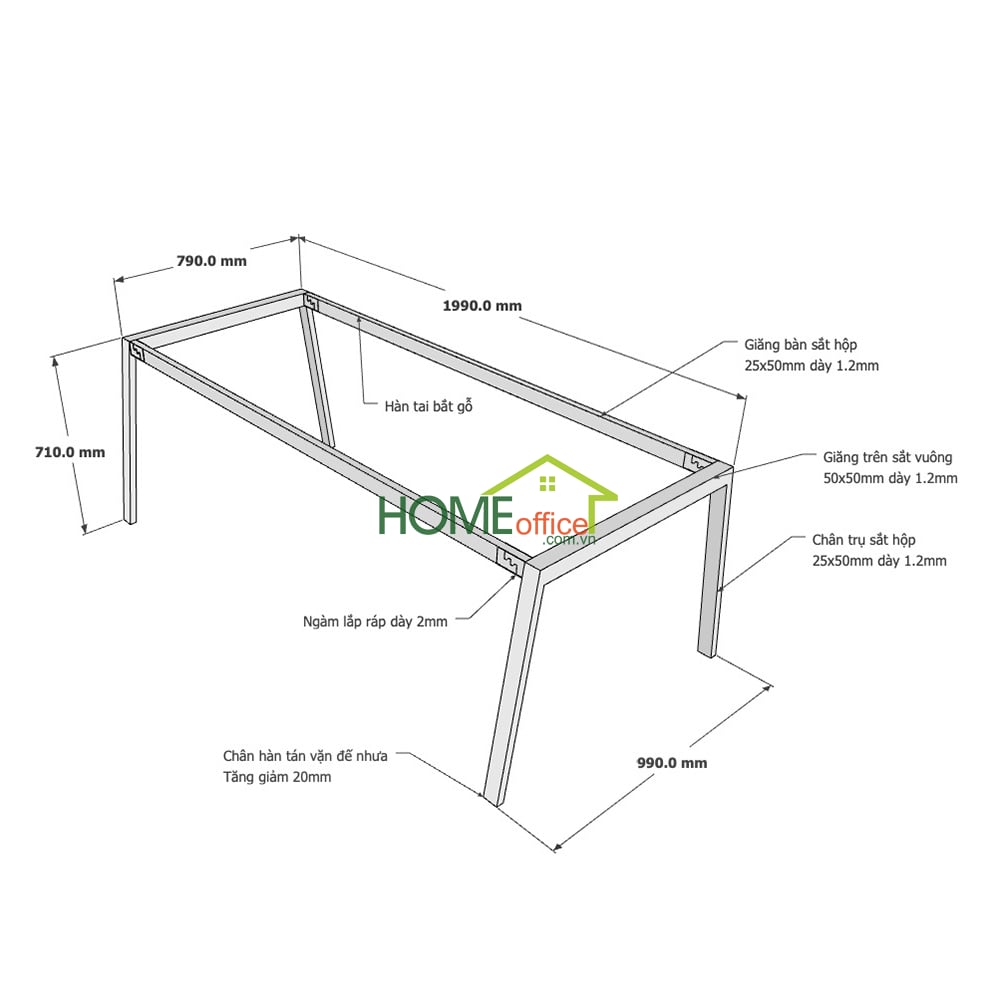 Kích thước chân sắt lắp ráp hệ Aton cho bàn 200x100cm