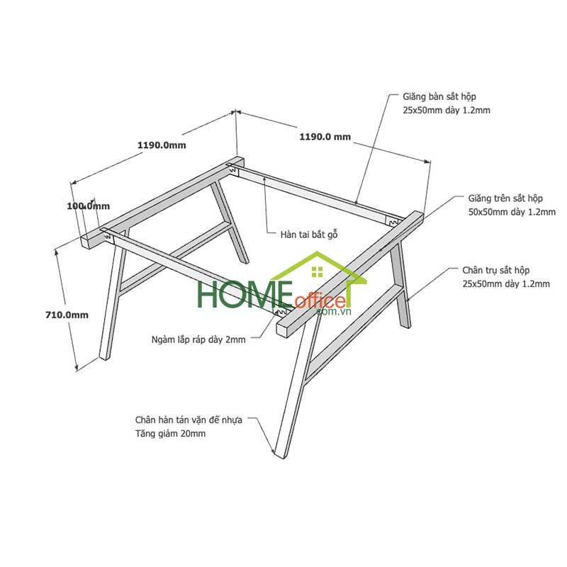 Kích thước chân sắt lắp ráp cho bàn cụm 2 120x120x75cm