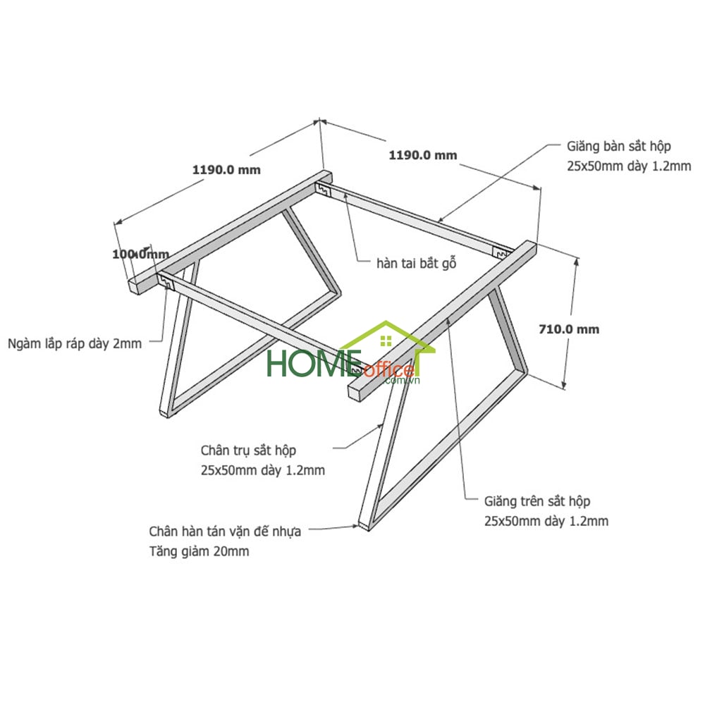 Kích thước chân sắt lắp ráp cho bàn cụm 2