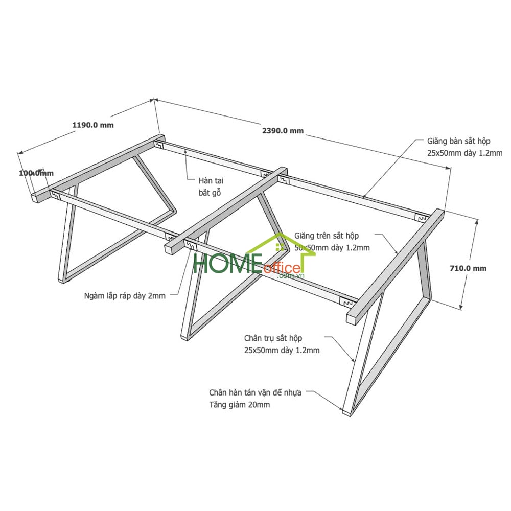 Kích thước chân sắt lắp ráp cho bàn cụm 4 hệ Trapeze 2