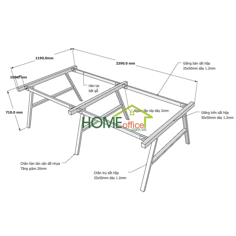 Kích thước chân sắt lắp ráp cho bàn cụm 4 240x120x75cm