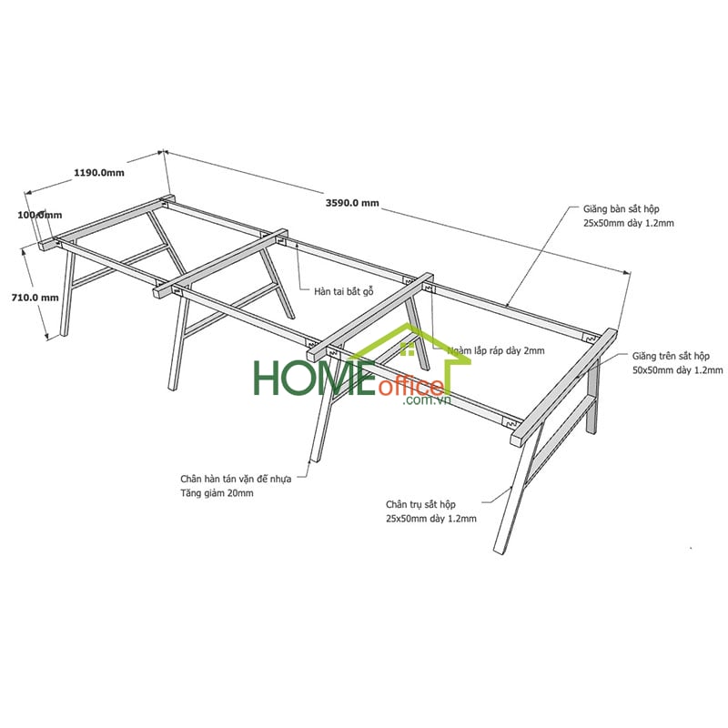 Kích thước chân sắt lắp ráp cho bàn 360x120x75cm