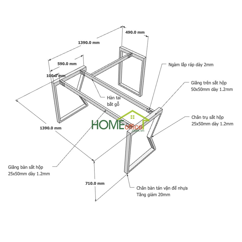 Kích thước chân sắt lắp ráp hệ Mconcept cho bàn chữ L 140x140cm