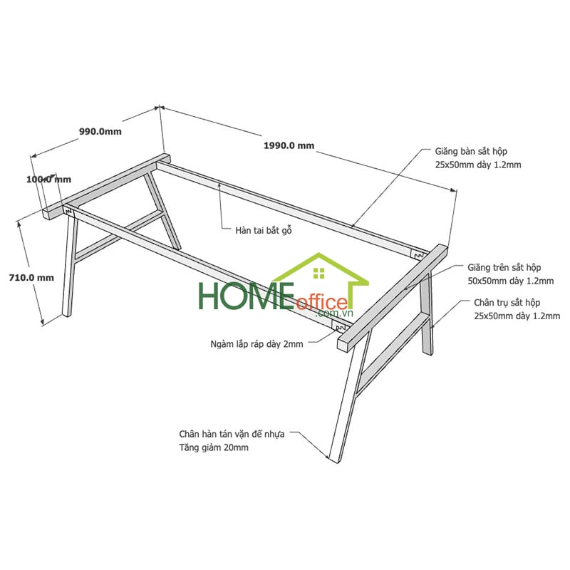 Kích thước chân sắt lắp ráp cho bàn 200x100x75cm