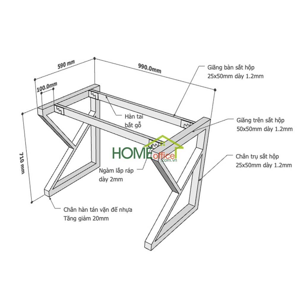 Kích thước chân sắt lắp ráp hệ Kconcept cho bàn 100x60cm