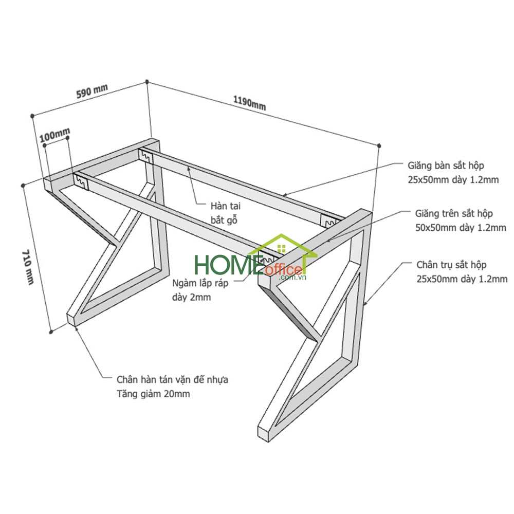 Kích thước chân sắt lắp ráp hệ Kconcept cho bàn 120x60cm