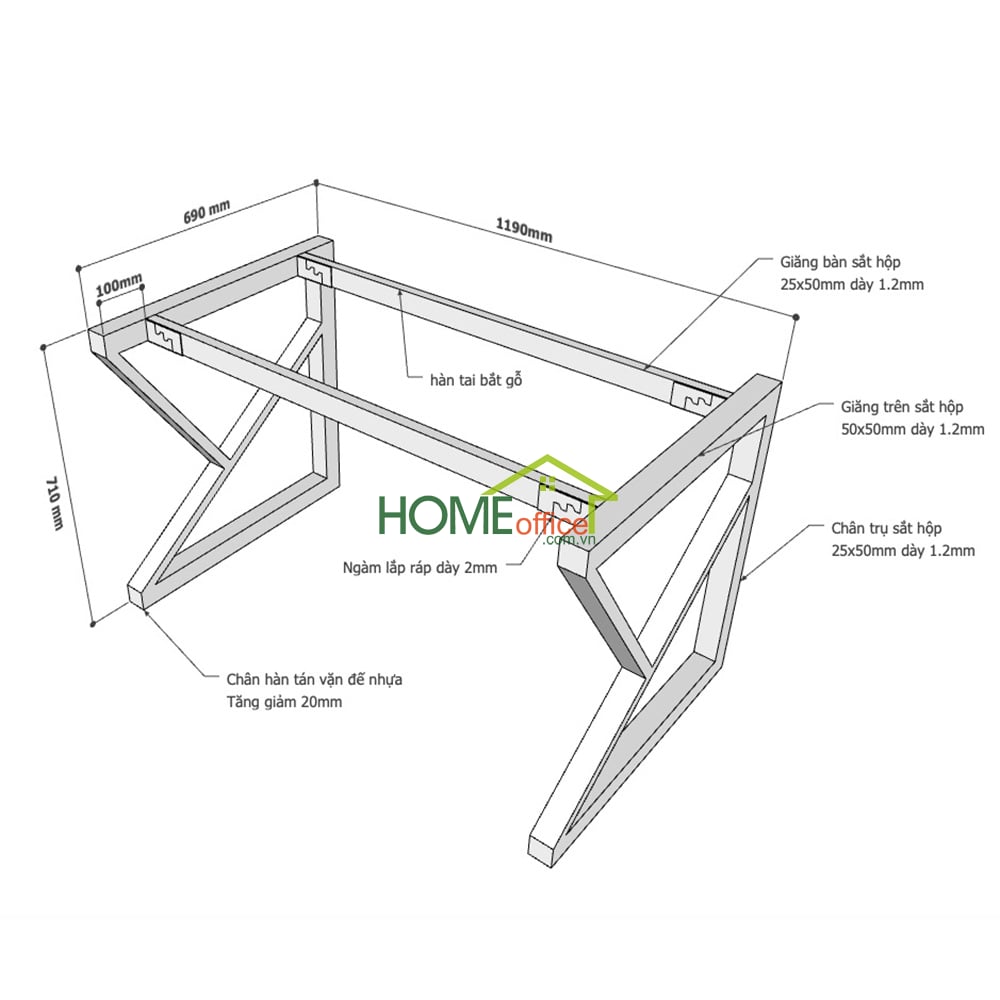 Chi tiết kích thước chân sắt lắp ráp cho bàn 120x70cm