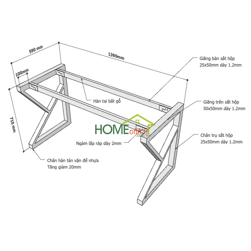 Kích thước chi tiết chân sắt lắp ráp hệ Kconcept cho bàn 140x60cm