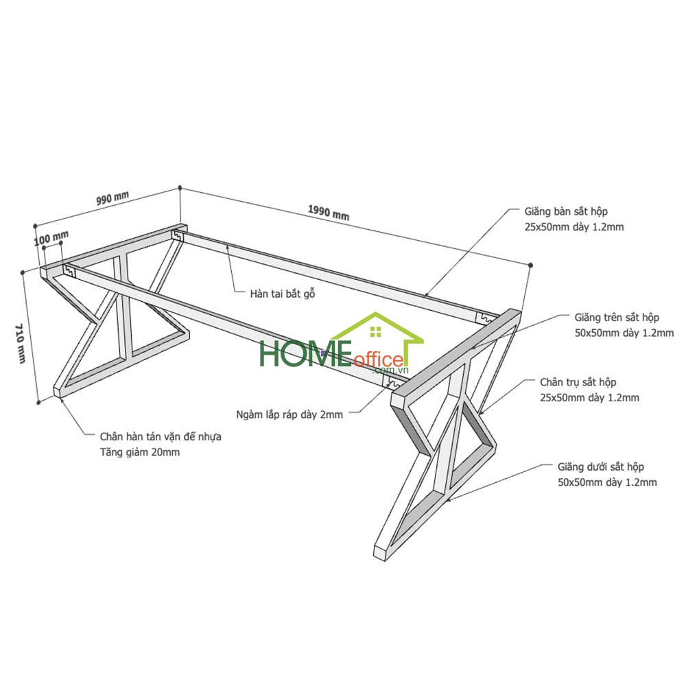 Kích thước chân sắt lắp ráp cho bàn 200x100cm