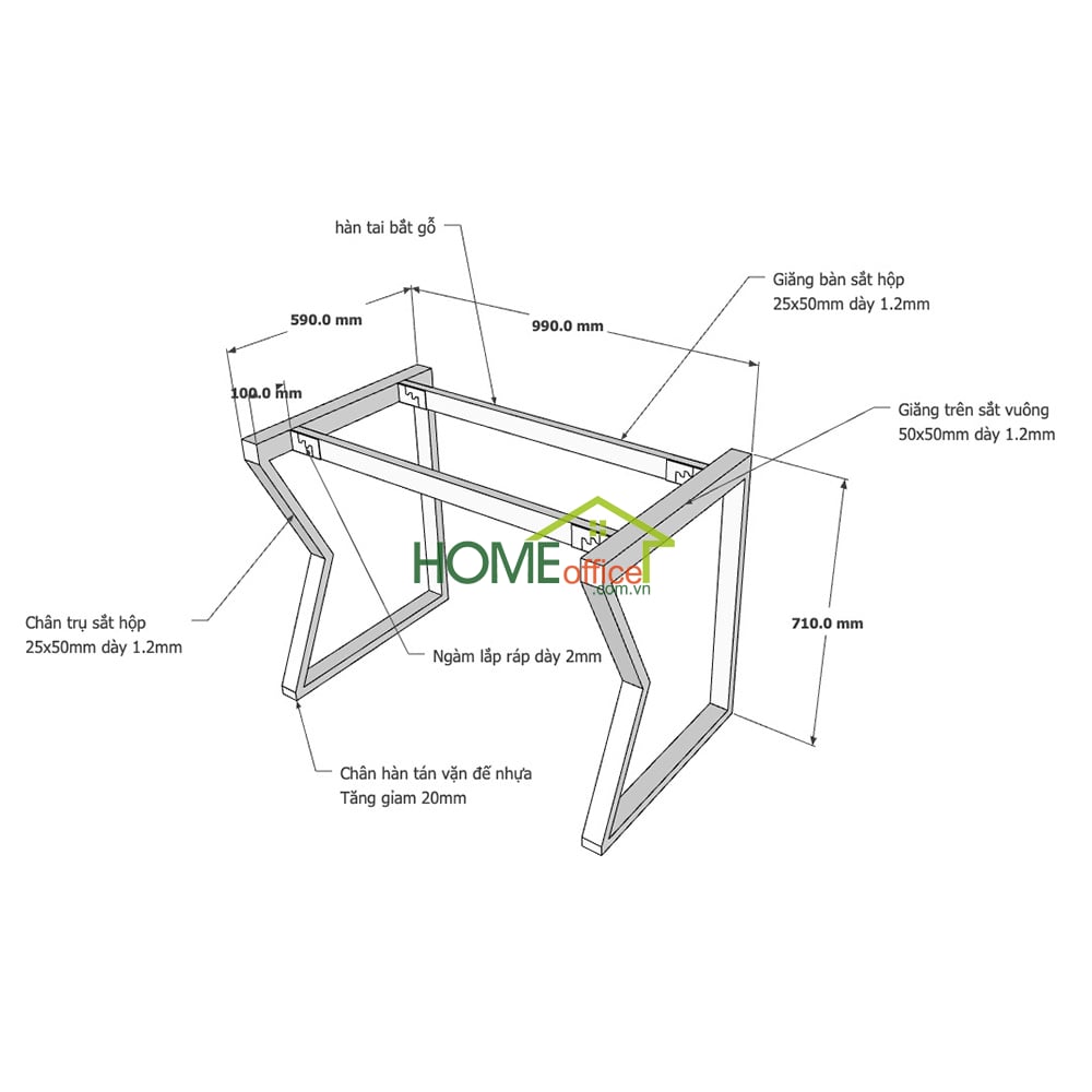 Kích thước chân sắt lắp ráp cho bàn 100x60cm