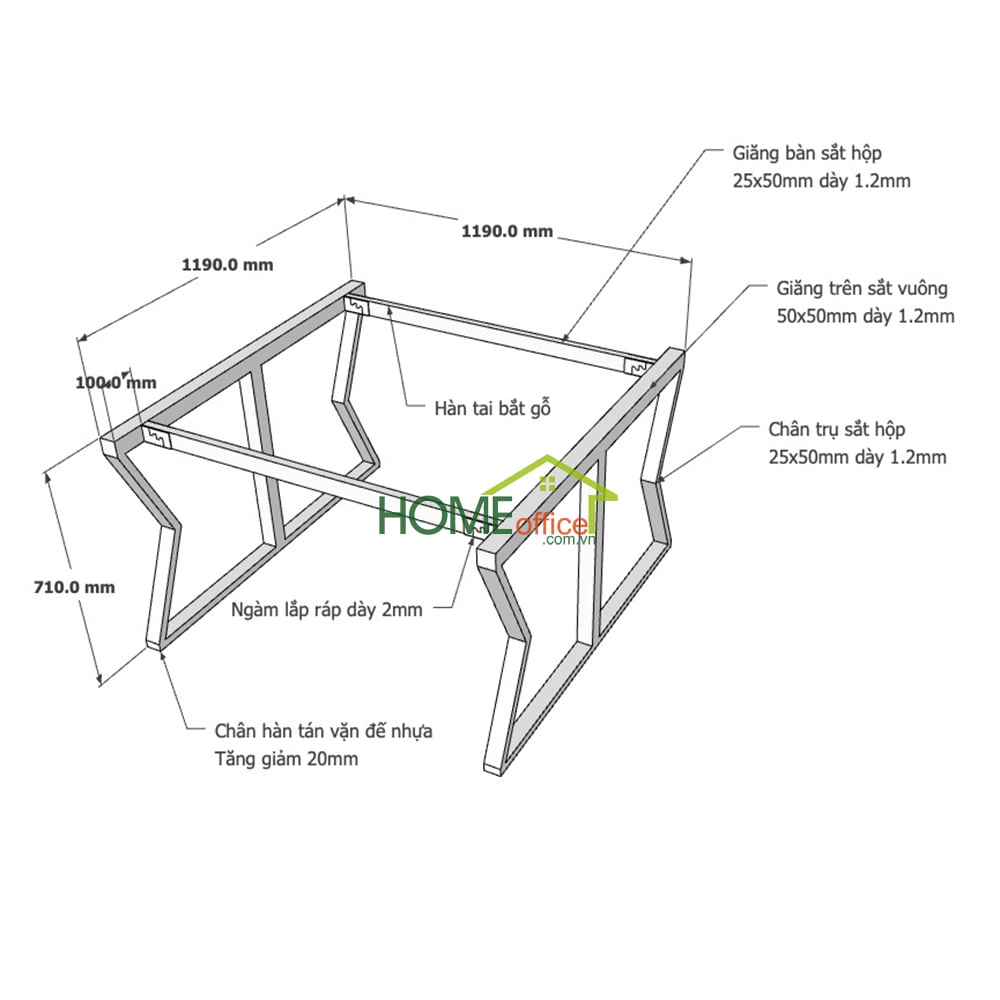 Kích thước chân sắt lắp ráp cho bàn cụm 2 120x120cm