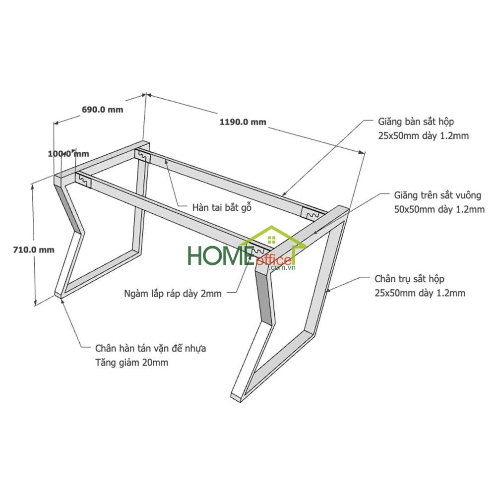 Kích thước chân sắt lắp ráp cho bàn 120x70cm