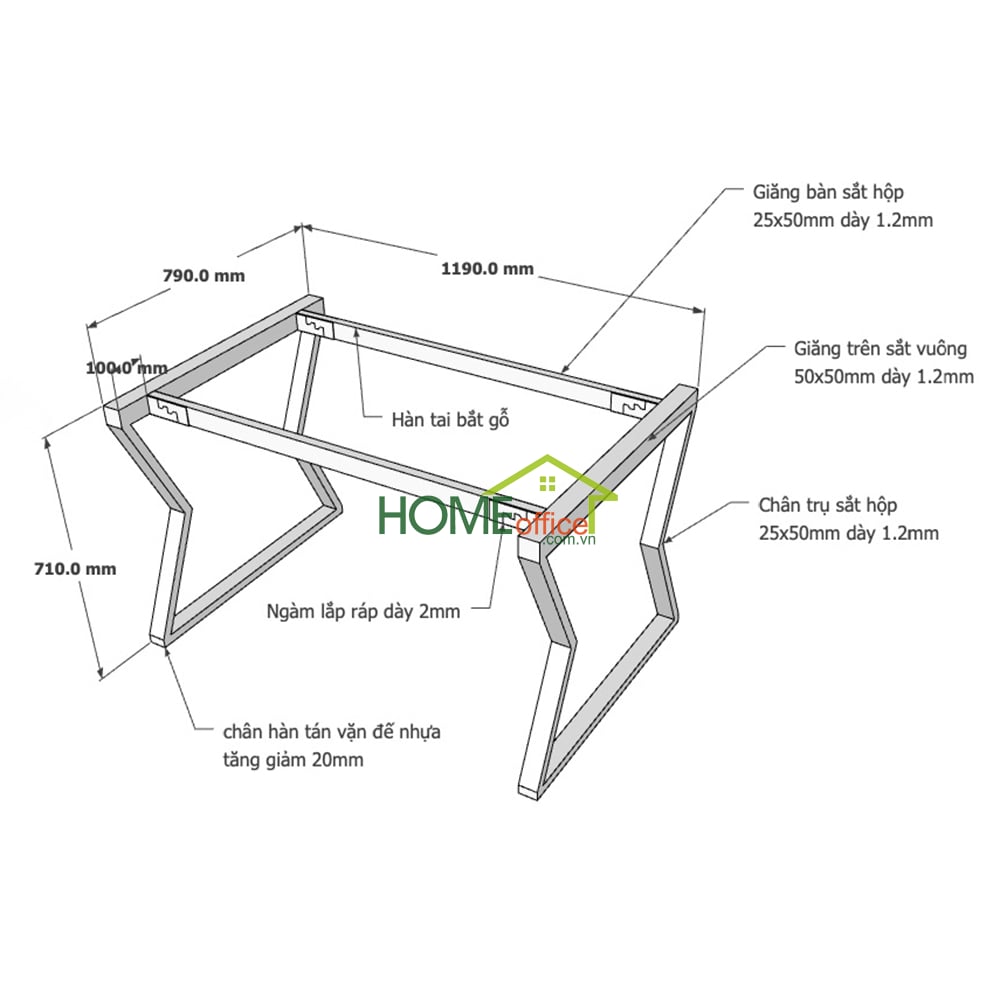 Kích thuớc chân sắt lắp ráp hệ Mconcept cho bàn 120x80cm