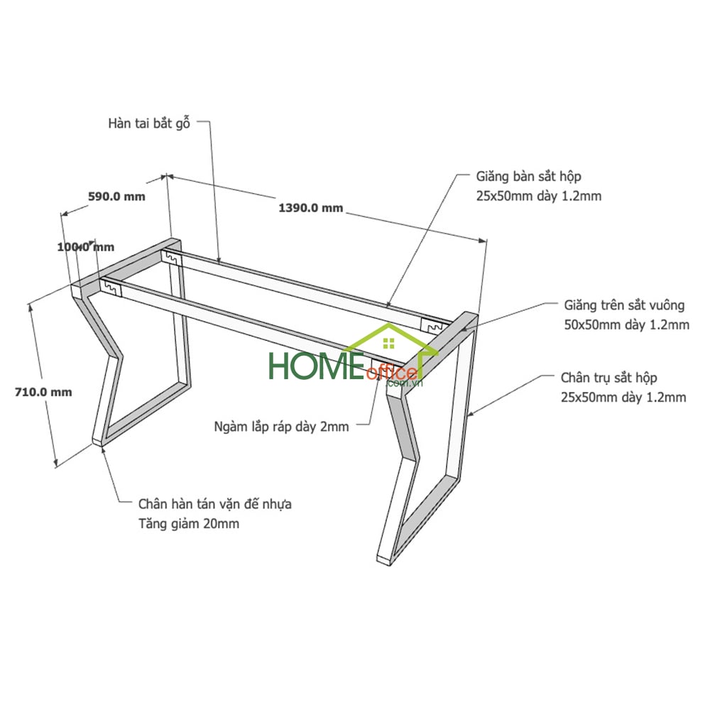 Chi tiết kích thước chân sắt lắp ráp cho bàn 140x60cm