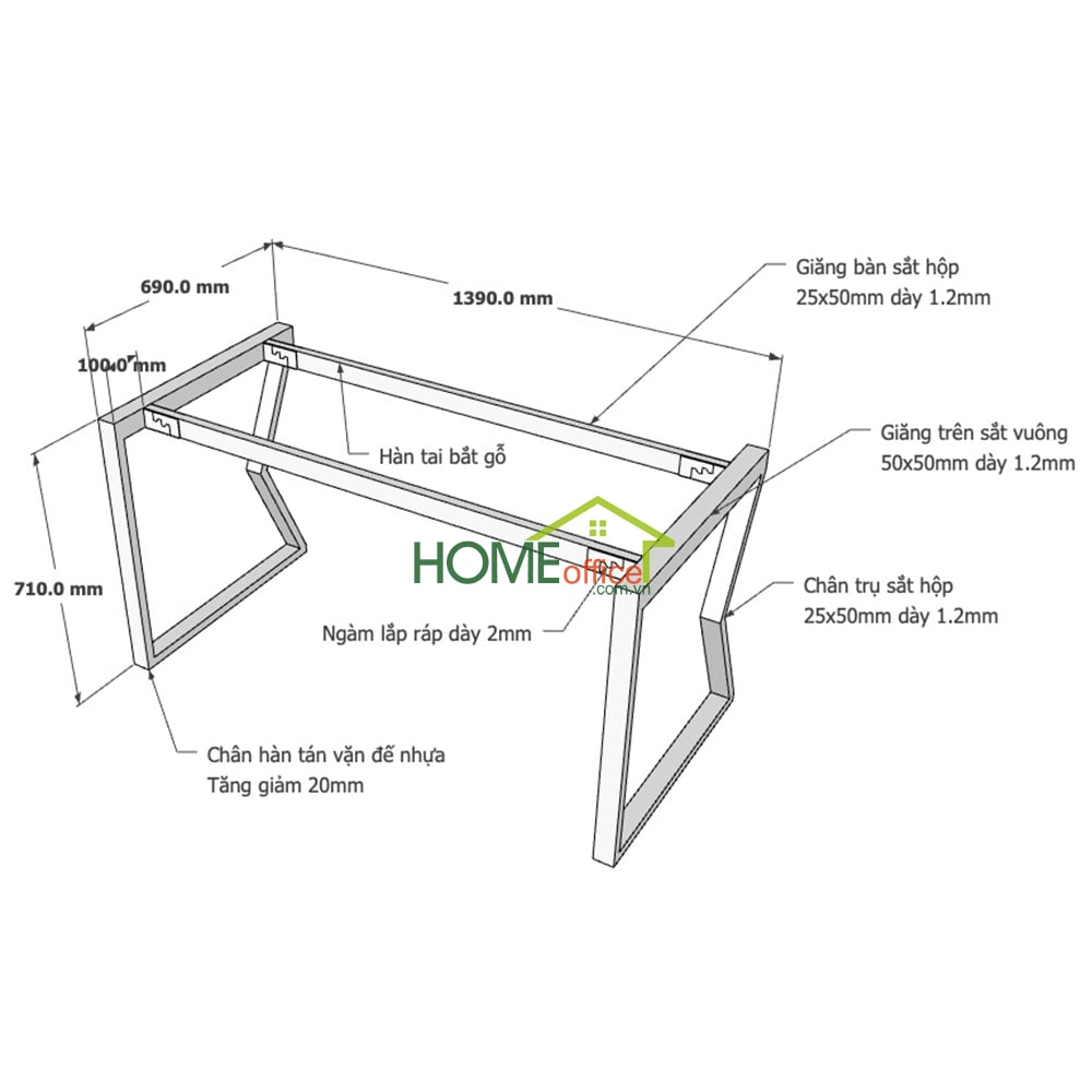 Kích thước chân sắt lắp ráp cho bàn 140x70cm