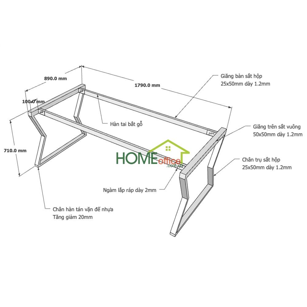 Kích thước chân sắt lắp ráp hệ Mconcept cho bàn 180x90cm