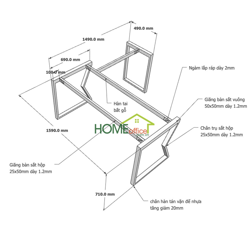 Kích thước chân sắt lắp ráp cho bàn chữ L 160x150cm