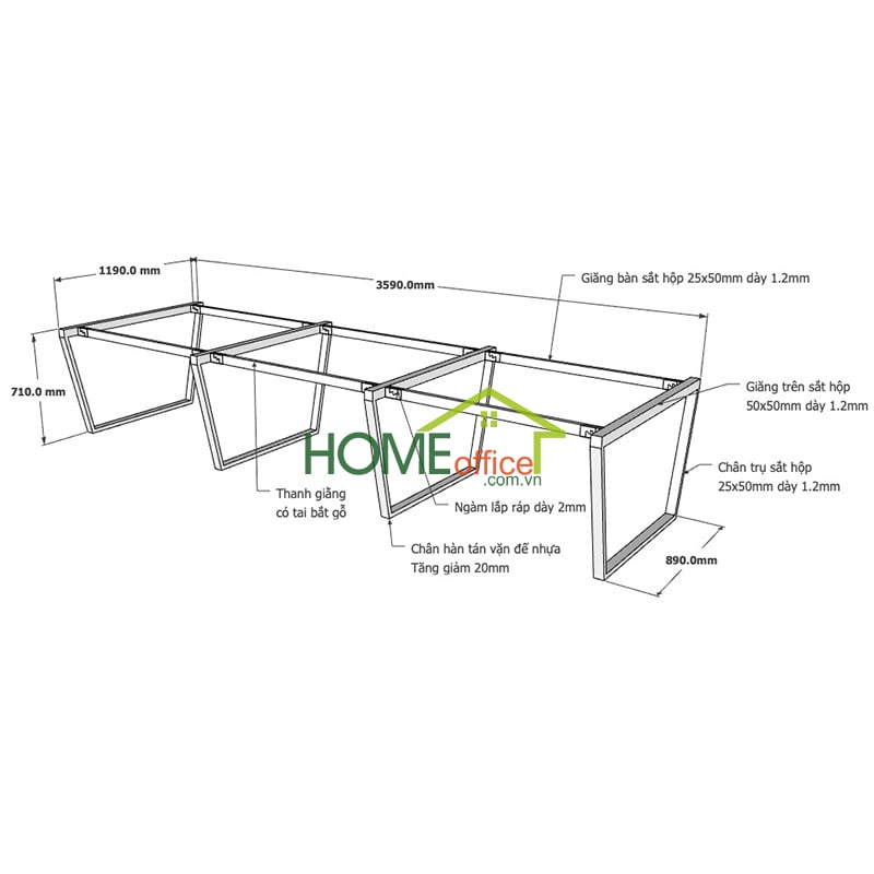 Kích thuớc chi tiết chân sắt lắp ráp cho bàn cụm 6 120x360cm